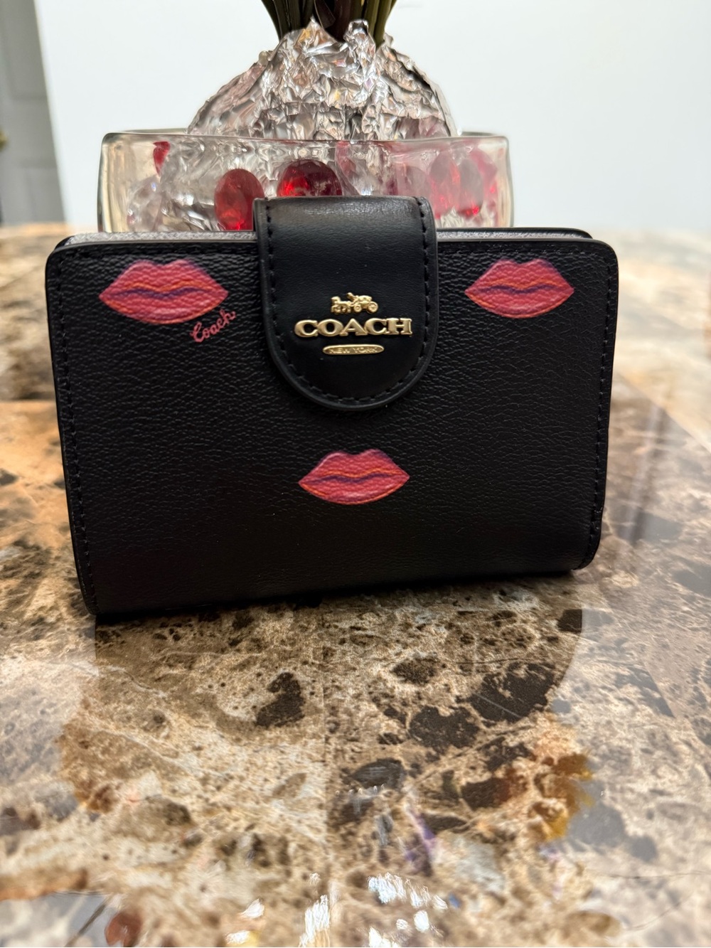 Coach Black Leather Wallet with Pink Kiss Prints